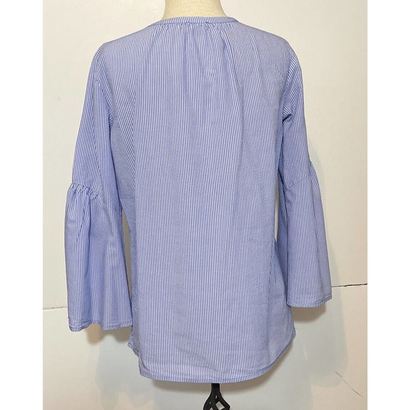 ANN TAYLOR Misses. S Cotton Lyocel Blouse Blue White Stripes - Picture 3 of 8